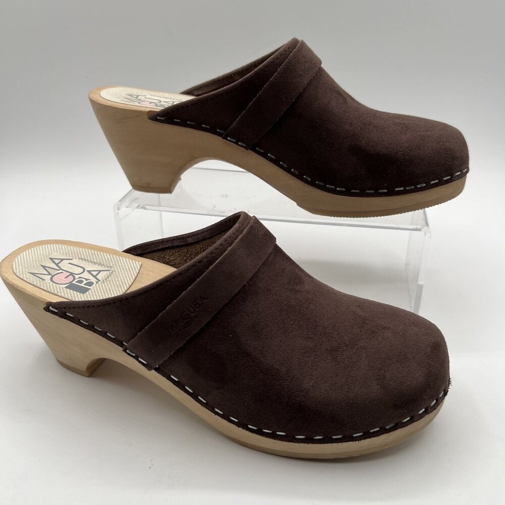 Maguba US 7 Womens Mule Clog Brown Leather Wooden Platform Slip On Boho Shoes